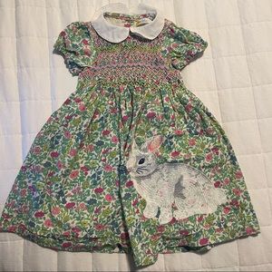Baby Boden smocked and embroidered bunny dress, pink and green floral, size 2-3